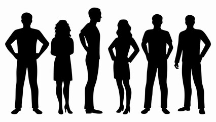 Five people standing in a row, silhouetted against a white background