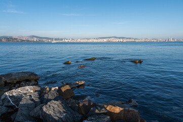 View from embankment of the Buyukada island to the Istanbul coastline, Sea of Marmara, Istanbul, Turkey