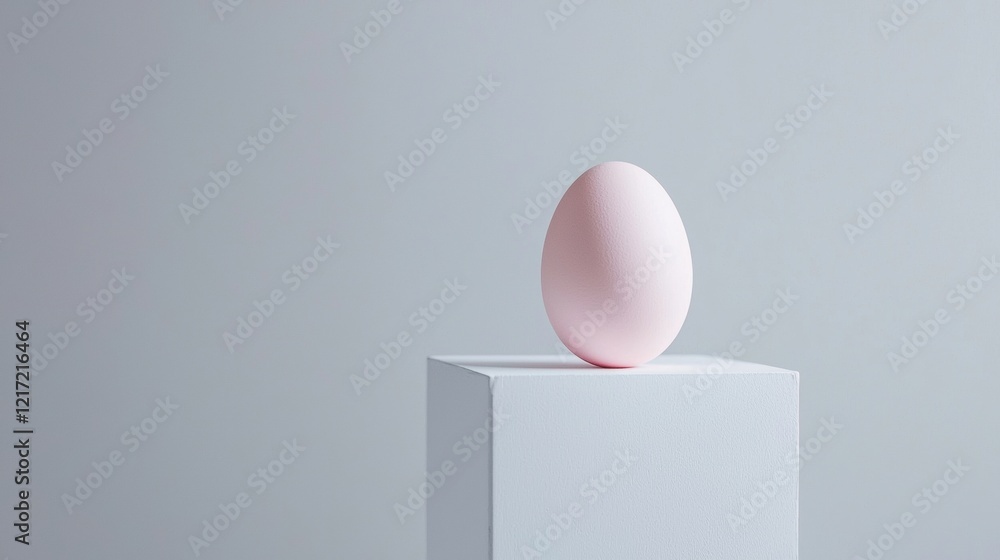 Poster single pink egg sitting on top of a white cube. the cube is square in shape and appears to be made o