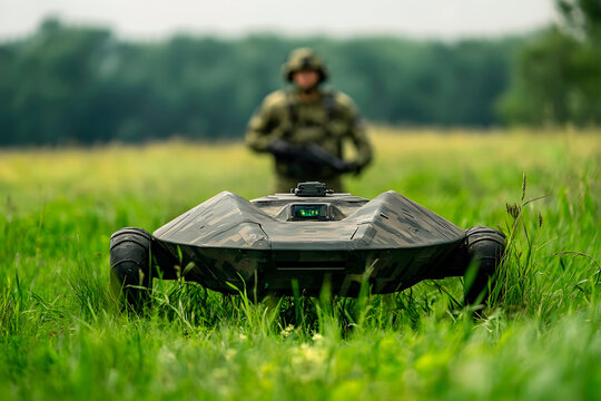 Military unmanned ground vehicle operating in a field with soldier nearby. Generative AI