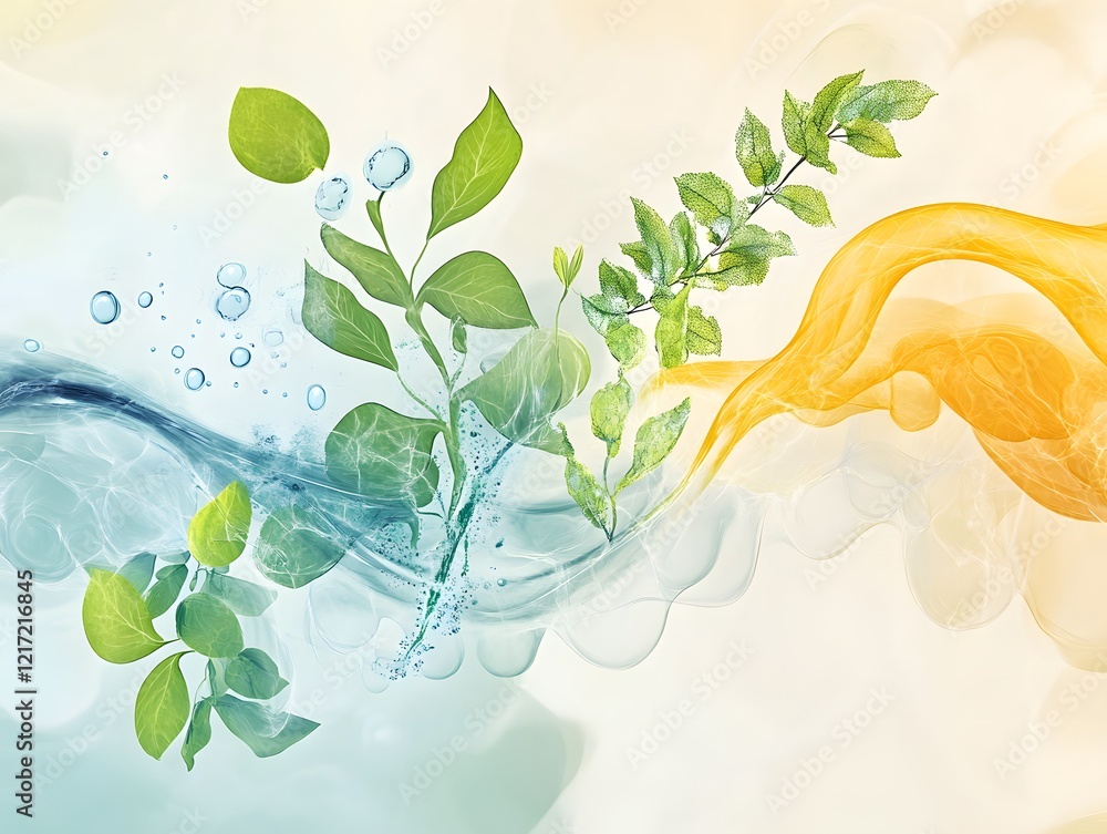 Poster abstract composition of fresh green leaves and bubbles merging with flowing water and soft colors sy