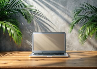 Blank laptop screen, wooden table, gray wall, palm shadow effect.