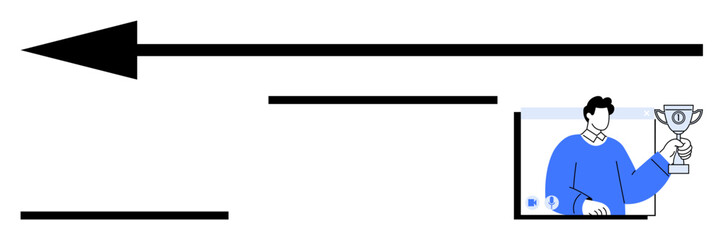 Black arrow pointing left with abstract lines and person holding trophy. Ideal for success, achievement, motivation, career growth, leadership, self-improvement, abstract line flat metaphor