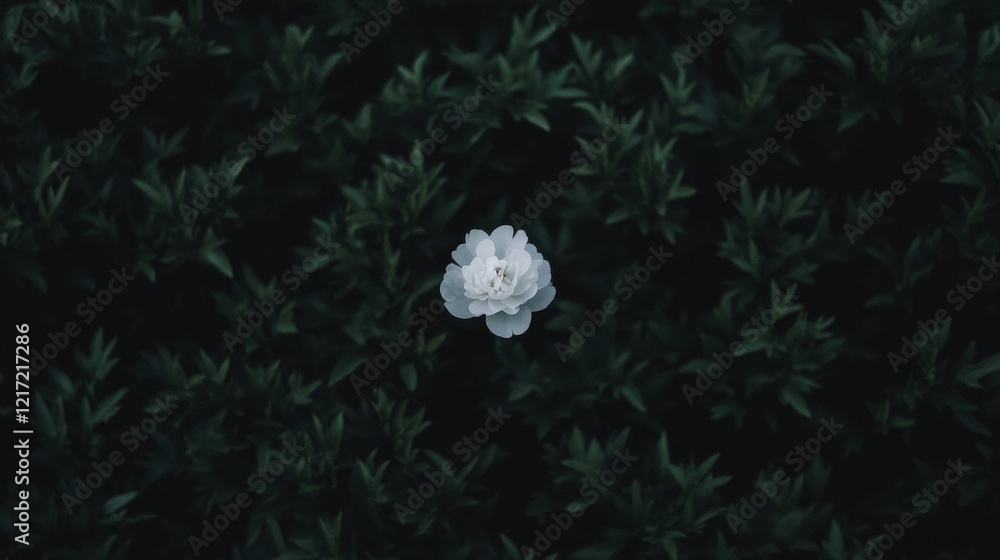 Poster close-up of a single white flower in the center of a dark background. the flower is in the middle of
