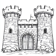Obraz premium Cartoon illustration of a medieval castle with two towers, a large gate, and stone walls.