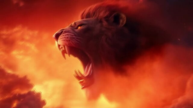 Scene of lion roaring against smoky background, smooth repeating motion for background video animation