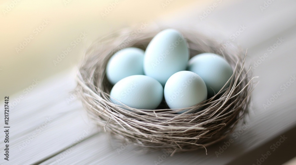 Poster Nest with six eggs inside. the nest is made of twigs and is placed on a white wooden surface. the eggs are light blue in color and are arranged in a circular pattern.