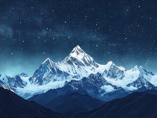 Majestic snow-capped mountain peak illuminated under a starry night sky, surrounded by rugged terrain and distant ranges, evoking a sense of adventure and tranquility in nature