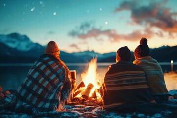 A group of friends sitting around a campfire at night, wrapped in blankets and sipping warm drinks under a starry sky