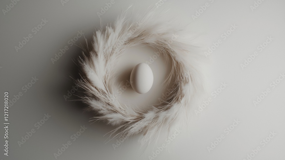Poster flat lay of a single white egg in the center of a wreath made of white feathers. the feathers are ar
