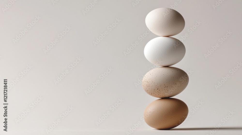 Poster three eggs stacked on top of each other on a white surface. the eggs are of different sizes and colo