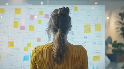 A woman is looking at a white board with lots of post it notes on it