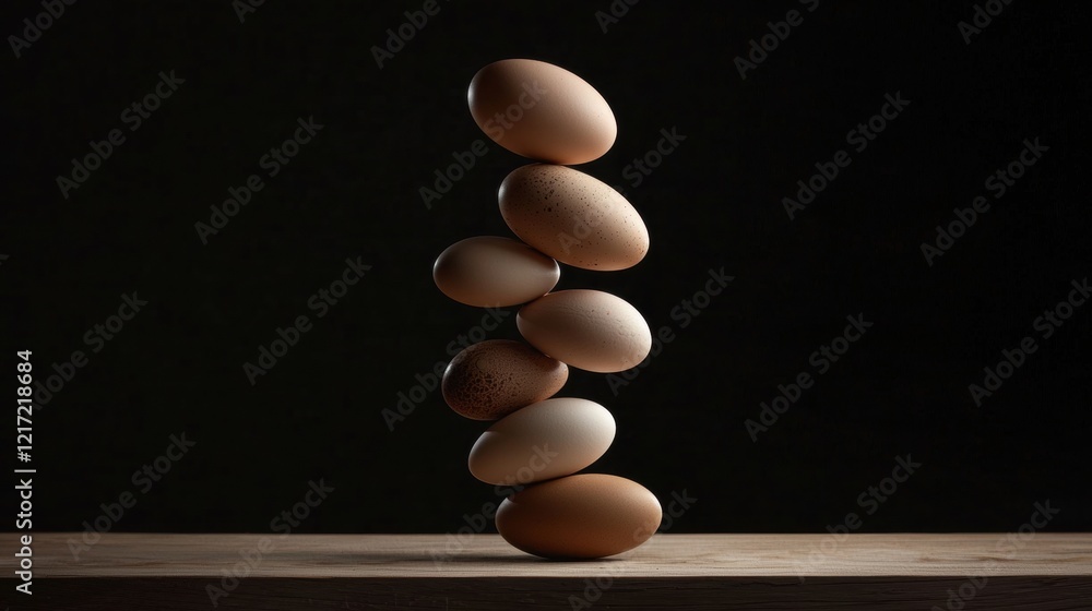 Poster stack of six brown eggs arranged in a vertical line on a wooden surface. the eggs are of different s