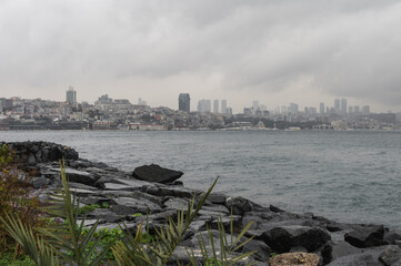 Turkey, Istanbul. View of Istanbul and Bosphorus Strait from Kennedy Ave. Cloudy raining day.
