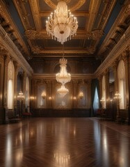 Grand ballroom with crystal chandeliers and intricate moldings , luxury, elegance