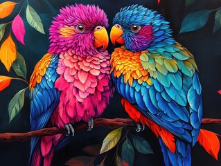 Obraz premium Two parrots facing each other on a branch, with colorful leaves in the background, for nature display