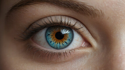 Obraz premium Close-Up of a Mesmerizing Eye with Vibrant Blue and Gold Iris, Natural Skin Texture, and Captivating Details 