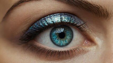 Obraz premium Close-Up of a Blue Eye with Glittering Eyeshadow and Captivating Details