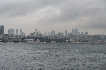 Turkey, Istanbul. View of Istanbul and Bosphorus Strait from Kennedy Ave. Cloudy raining day.