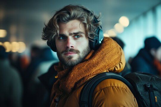 A man waiting in line at an airport, his face calm and indifferent as others around him show signs of impatience and frustration