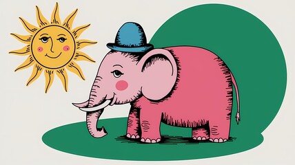 Hand-drawn illustration of a pink elephant with a blue hat, standing on a green circle, with a yellow sun featuring a smiling face in the background