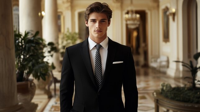 Stylish Gentleman in Classic Black Suit and Skinny Tie in Elegant Surroundings