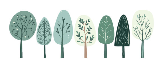 Set of tree and leaf collection hand drawn flat design vector element. botanical set of bare trees and ones with leaves and lush green