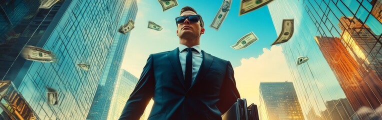 A confident businessman walking down a city street as dollar bills fall around him, symbolizing wealth, success, and ambition. Ideal for business, finance, and motivational themes.