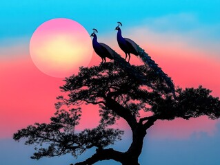 Two peacocks perch on a tree silhouetted against a colorful sunset sky for artistic use