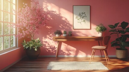 Sunlit Interior Design: A Serene Workspace with Blooming Plants