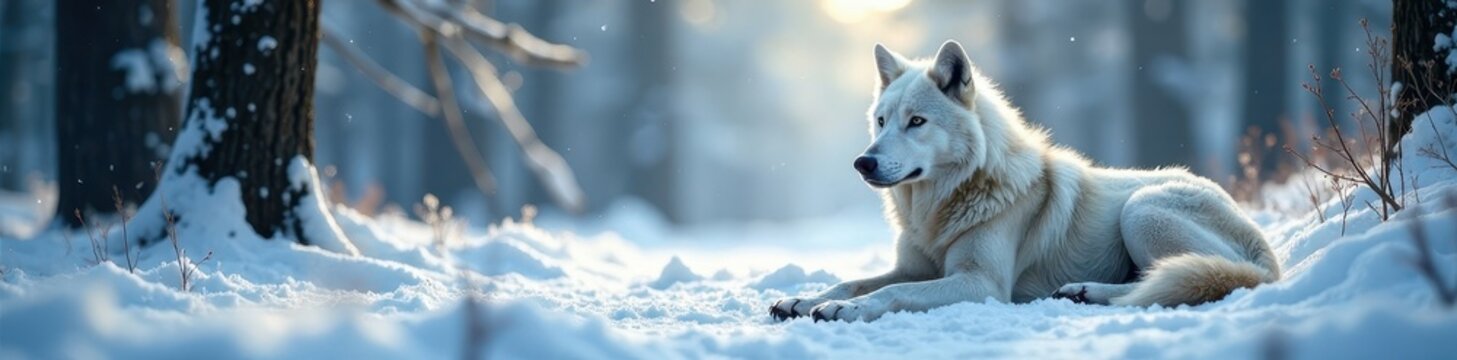 Snowy forest with a white wolf lying on the ground, scenery, animals