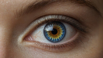 Fototapeta premium Stunning Close-Up of a Human Eye with Vibrant Sunflower-Inspired Iris, Golden Eyeshadow, and Detailed Texture – Perfect for Beauty, Creativity, and Artistic Concepts