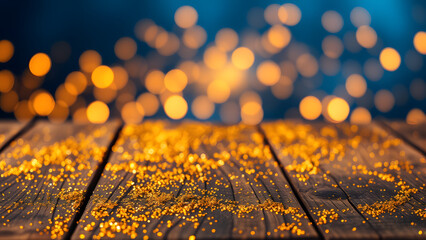 Obraz premium Golden Christmas lights create a warm, bokeh-filled backdrop against a rustic wooden table, evoking a vintage, cozy atmosphere