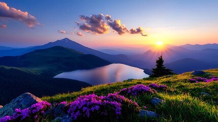 Serene Sunset over Alpine Lake and Mountain Range
