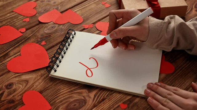 Close up of wooden table with red paper hearts scattered on the surface, woman hand writing text I love you on empty page in spiral notebook with red marker.