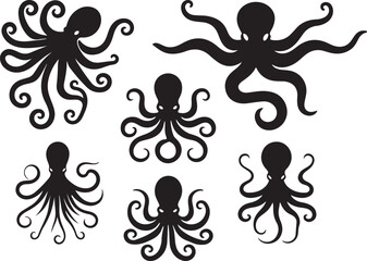 Silhouette vector illustration of a flat octopus art.  octopus set in black color with a white background