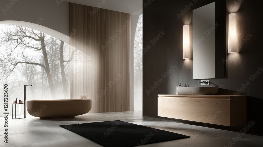 Poster modern bathroom with a large window on the left side. the window has a view of trees and greenery ou