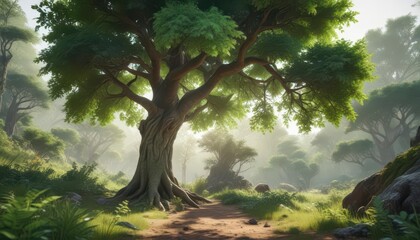 Fototapeta premium A beautiful green tree with a robust trunk and leaves thrives in a natural environment surrounded by vibrant vegetation , nature, green, tree