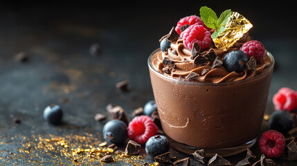 A decadent chocolate mousse with gold leaf garnish and fresh berries in a fine dining setting