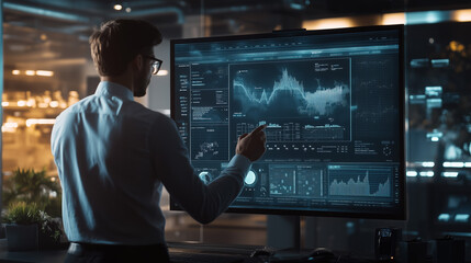 A man in an office in front of a large glowing screen, pointing something out