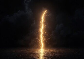 Obraz premium A lightning bolt striking in the center of an empty black background, illuminating it with yellow light.