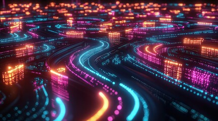 Obraz premium Abstract flowing neon light trails create pathways through a futuristic cityscape at night.