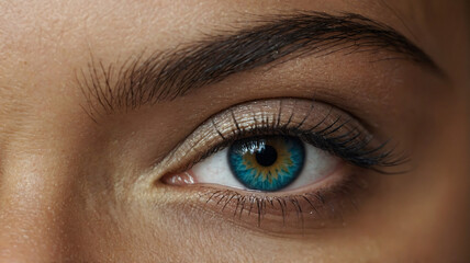 Obraz premium A mesmerizing close-up of a human eye featuring a vibrant sunflower-inspired iris and shimmering golden eyeshadow