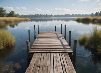 Abandoned wooden dock on a lake, weathered planks and reeds,  waterfront,  water,  lake