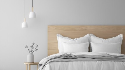 Modern bedroom with a large bed in the center. the bed has a wooden headboard and is covered with white sheets and pillows.
