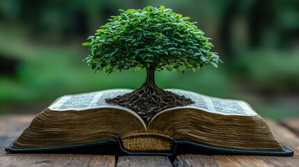 Small tree growing from an open ancient book