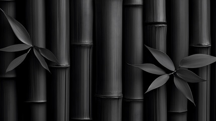 Black bamboo stalks with two leaves create a minimalistic and elegant natural pattern, emphasizing the simplicity and beauty of nature's textures