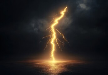 A lightning bolt striking in the center of an empty black background, illuminating it with yellow light.