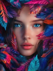 Woman surrounded by colorful feathers