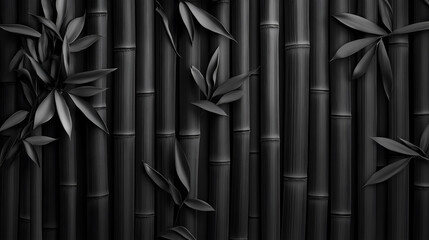 Elegant black bamboo stalks and leaves in a minimalist arrangement, creating a modern and sophisticated aesthetic